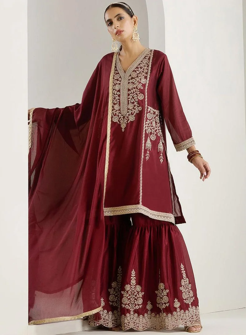 Ishin  Women's Maroon Polyester Blend Embellished Kaftan Full Length Palazzo Straight Fit Kurta Set for Women | Best Price UAE